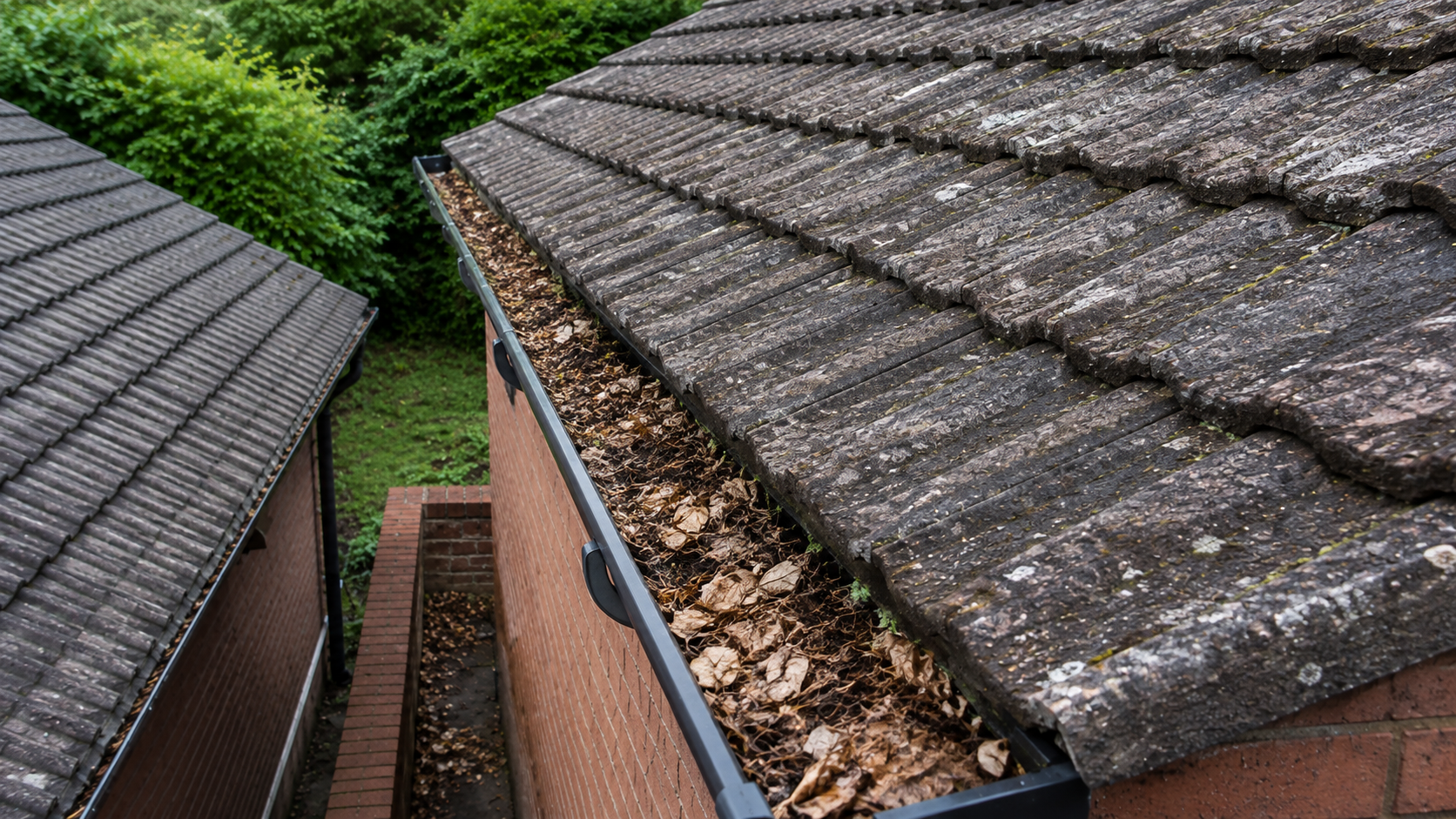 Pre-clean gutter survey showing heavy sludge and blockages