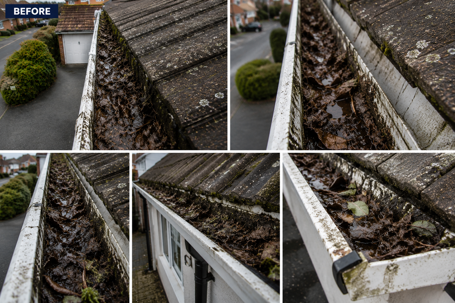 Pre-clean gutter survey showing heavy sludge and blockages