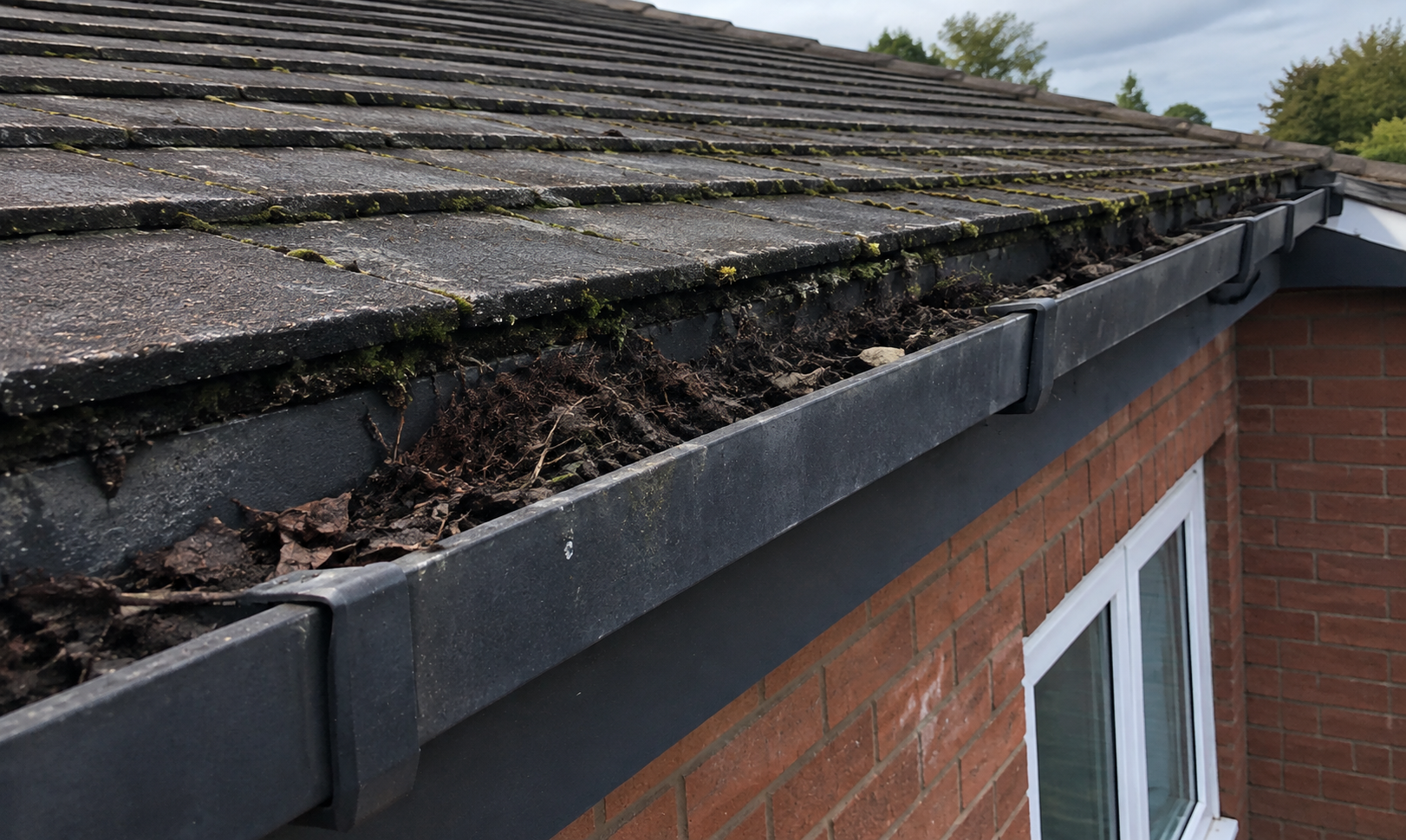 Pre-clean gutter survey showing heavy sludge and blockages
