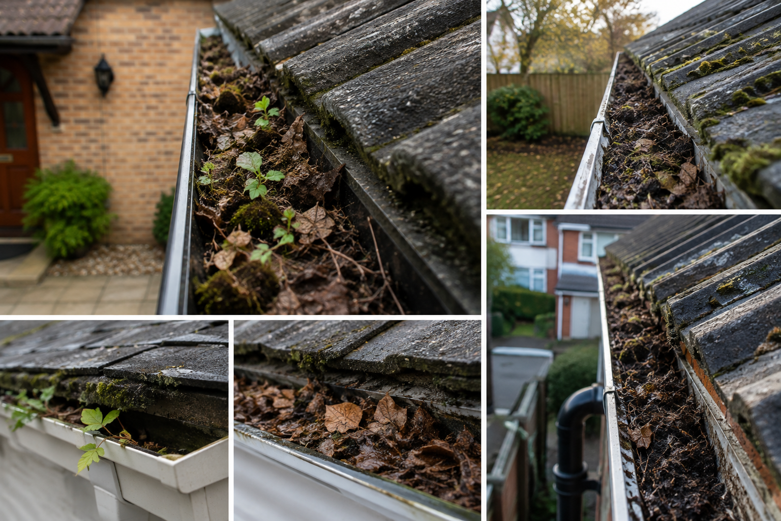Pre-clean gutter survey showing heavy sludge and blockages